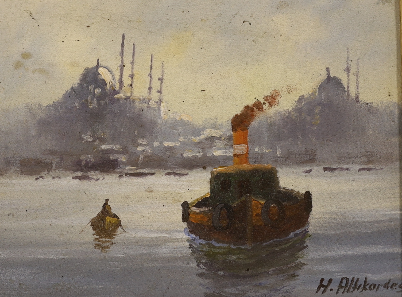 Oil on canvas, Tug boat before buildings, Istanbul, indistinctly signed, 23 x 17cm